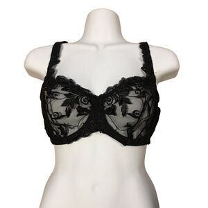 Black Lace Underwire Bra With Floral Embroidery Sheer Mesh Panels Adjustable Str